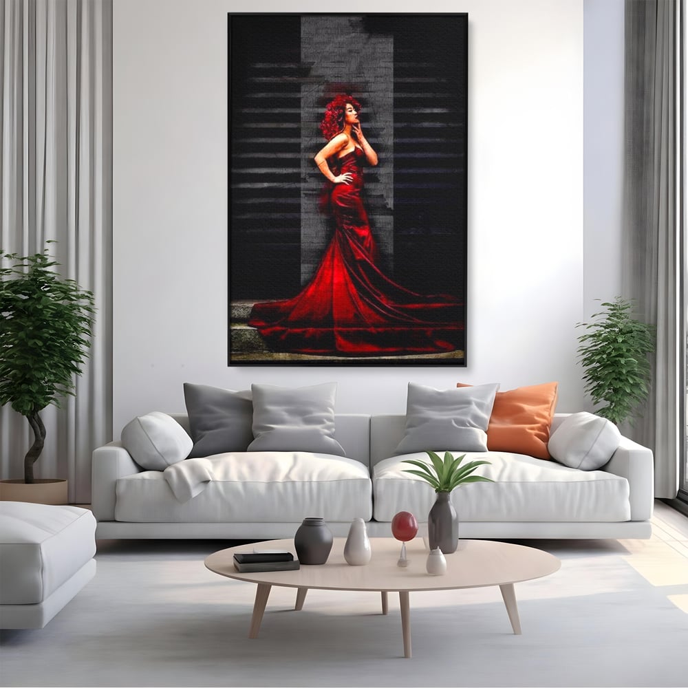 Leinwand Wandkunst Canvas Premium, LuxCanva® G1090, Eine Diva in Rot, Kleid, Rot, Nacht, Verführung, Königin, Nacht, Date, Mode, Wohnen, Schlafzimmer