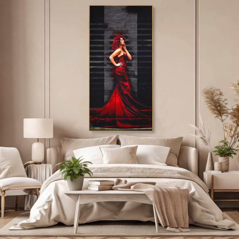 Leinwand Wandkunst Canvas Premium, LuxCanva® G1090, Eine Diva in Rot, Kleid, Rot, Nacht, Verführung, Königin, Nacht, Date, Mode, Wohnen, Schlafzimmer