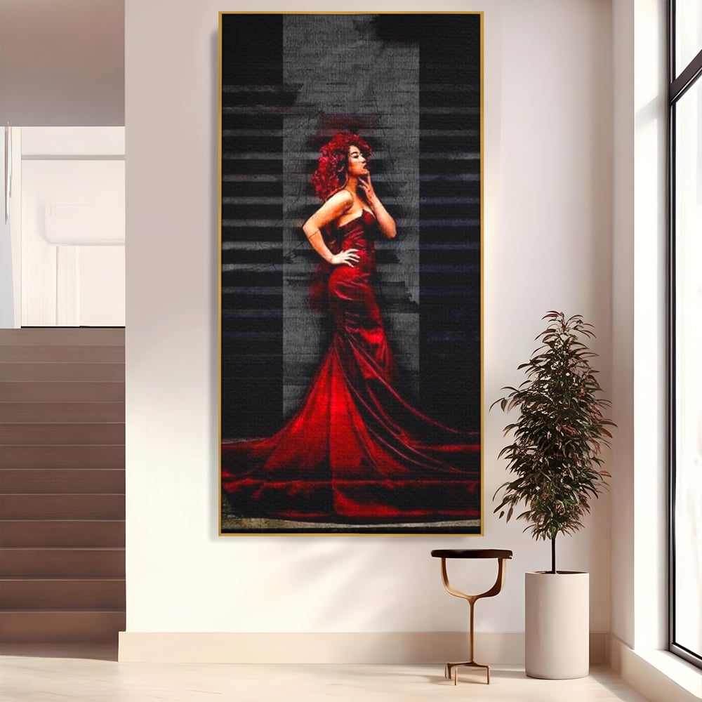 Leinwand Wandkunst Canvas Premium, LuxCanva® G1090, Eine Diva in Rot, Kleid, Rot, Nacht, Verführung, Königin, Nacht, Date, Mode, Wohnen, Schlafzimmer