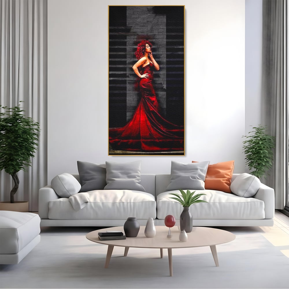 Leinwand Wandkunst Canvas Premium, LuxCanva® G1090, Eine Diva in Rot, Kleid, Rot, Nacht, Verführung, Königin, Nacht, Date, Mode, Wohnen, Schlafzimmer