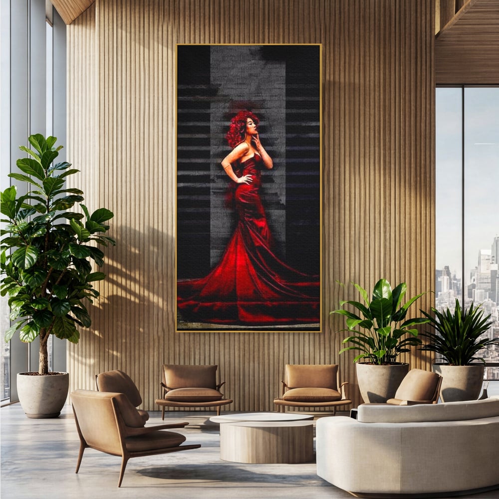 Leinwand Wandkunst Canvas Premium, LuxCanva® G1090, Eine Diva in Rot, Kleid, Rot, Nacht, Verführung, Königin, Nacht, Date, Mode, Wohnen, Schlafzimmer