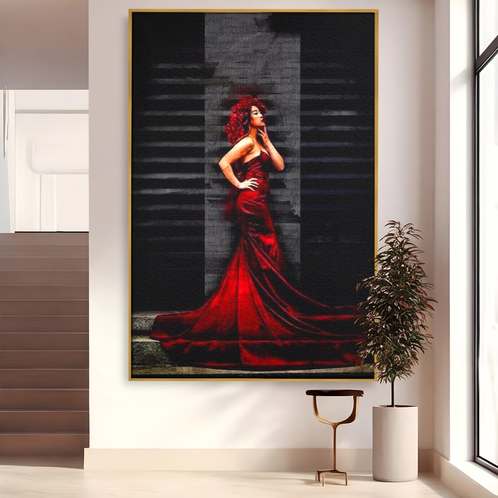 Leinwand Wandkunst Canvas Premium, LuxCanva® G1090, Eine Diva in Rot, Kleid, Rot, Nacht, Verführung, Königin, Nacht, Date, Mode, Wohnen, Schlafzimmer