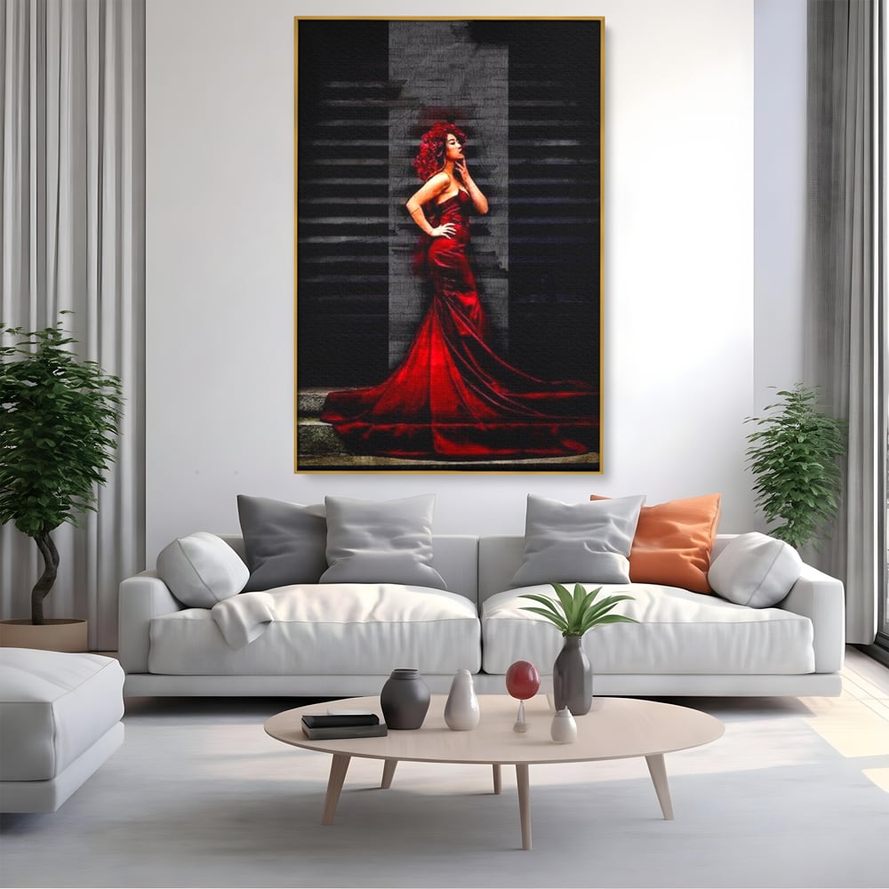 Leinwand Wandkunst Canvas Premium, LuxCanva® G1090, Eine Diva in Rot, Kleid, Rot, Nacht, Verführung, Königin, Nacht, Date, Mode, Wohnen, Schlafzimmer