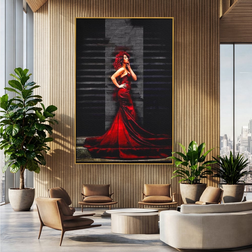 Leinwand Wandkunst Canvas Premium, LuxCanva® G1090, Eine Diva in Rot, Kleid, Rot, Nacht, Verführung, Königin, Nacht, Date, Mode, Wohnen, Schlafzimmer
