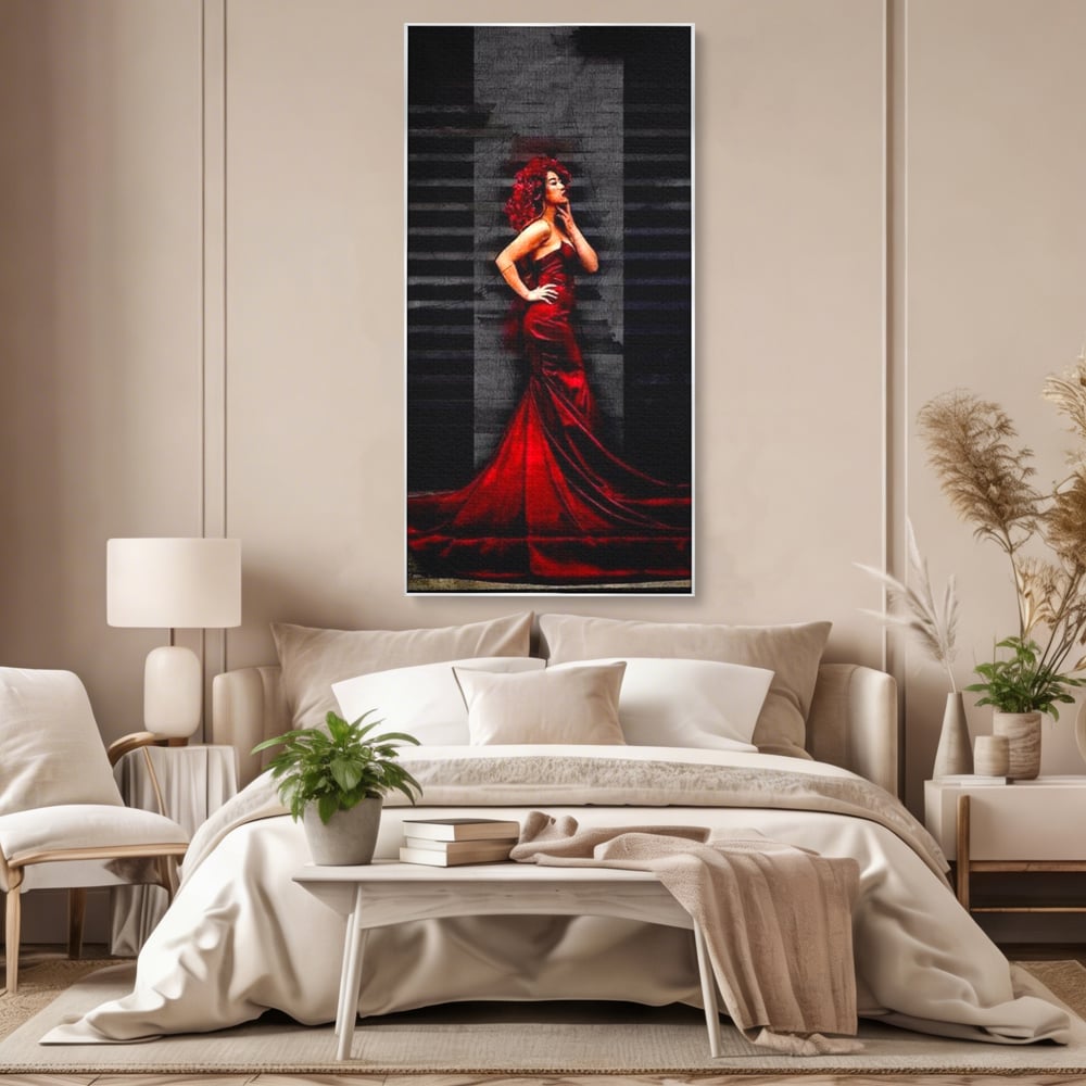 Leinwand Wandkunst Canvas Premium, LuxCanva® G1090, Eine Diva in Rot, Kleid, Rot, Nacht, Verführung, Königin, Nacht, Date, Mode, Wohnen, Schlafzimmer