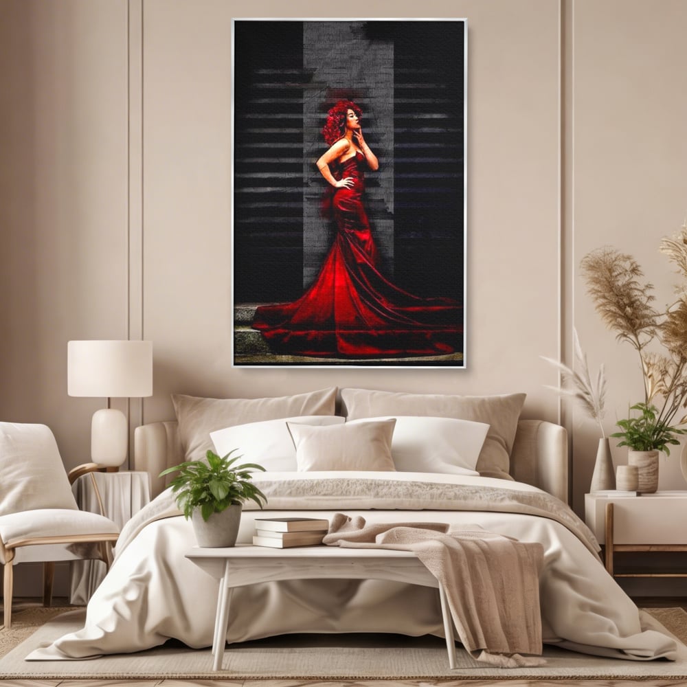 Leinwand Wandkunst Canvas Premium, LuxCanva® G1090, Eine Diva in Rot, Kleid, Rot, Nacht, Verführung, Königin, Nacht, Date, Mode, Wohnen, Schlafzimmer