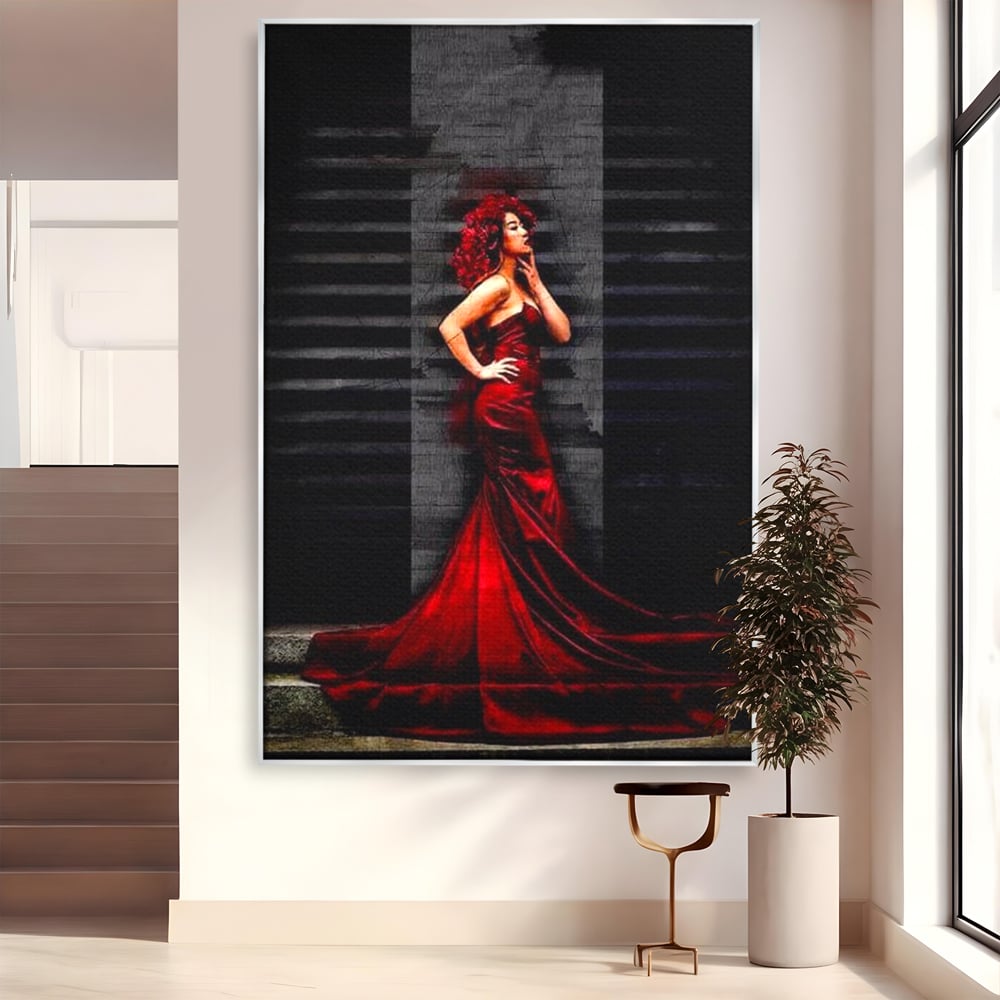 Leinwand Wandkunst Canvas Premium, LuxCanva® G1090, Eine Diva in Rot, Kleid, Rot, Nacht, Verführung, Königin, Nacht, Date, Mode, Wohnen, Schlafzimmer