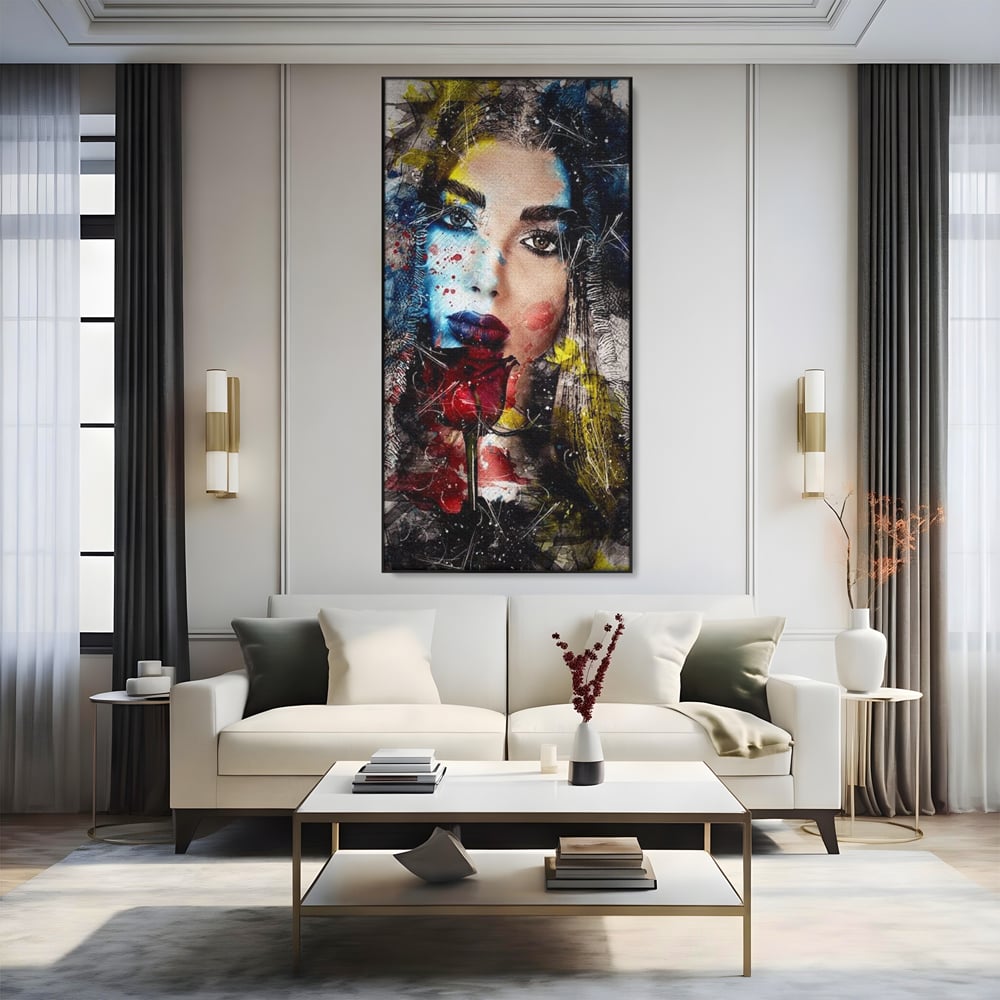 Tablou Canvas Premium, LuxCanva® G1091, Taina Unei Priviri, Trandafir, Ganduri, Privire, Expresie, Femeie, Revista, Pictura, Expozitie, Arta, Living, Dormitor
