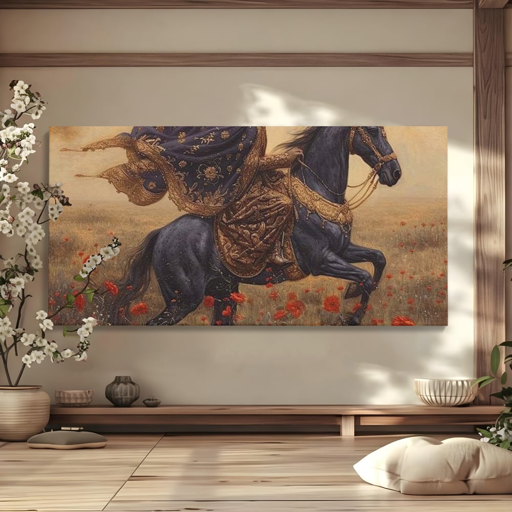 Leinwand Wandkunst Canvas Premium, LuxCanva® G1095, Galopp durch den Maci, Episch, Freiheit, Armasar, Maci, Orientalisch, Prinzessin, Reisen, Wind, Wohnen, Schlafzimmer