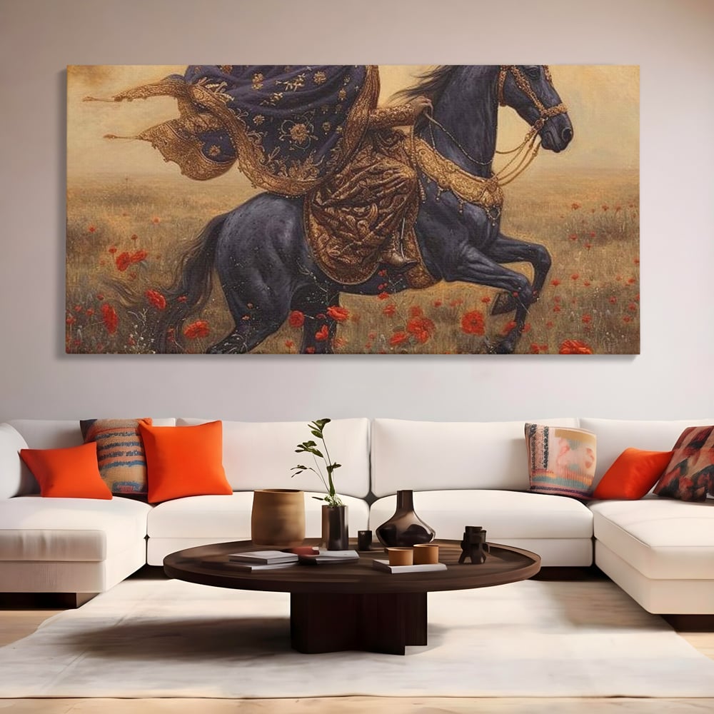 Leinwand Wandkunst Canvas Premium, LuxCanva® G1095, Galopp durch den Maci, Episch, Freiheit, Armasar, Maci, Orientalisch, Prinzessin, Reisen, Wind, Wohnen, Schlafzimmer