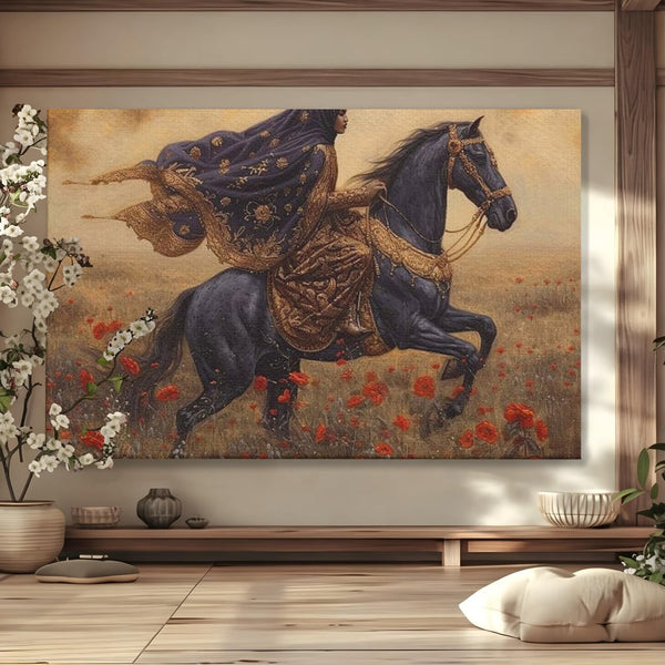 Leinwand Wandkunst Canvas Premium, LuxCanva® G1095, Galopp durch den Maci, Episch, Freiheit, Armasar, Maci, Orientalisch, Prinzessin, Reisen, Wind, Wohnen, Schlafzimmer