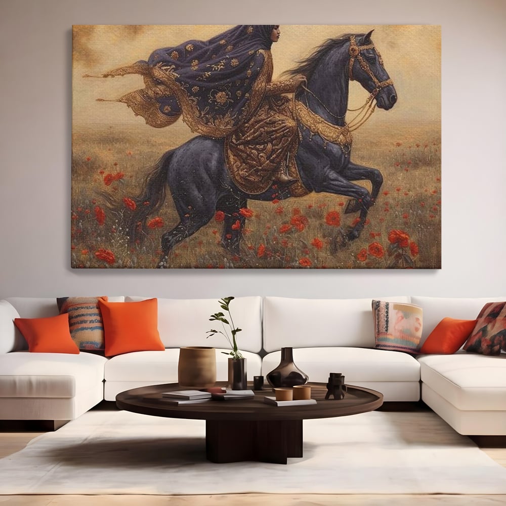 Leinwand Wandkunst Canvas Premium, LuxCanva® G1095, Galopp durch den Maci, Episch, Freiheit, Armasar, Maci, Orientalisch, Prinzessin, Reisen, Wind, Wohnen, Schlafzimmer