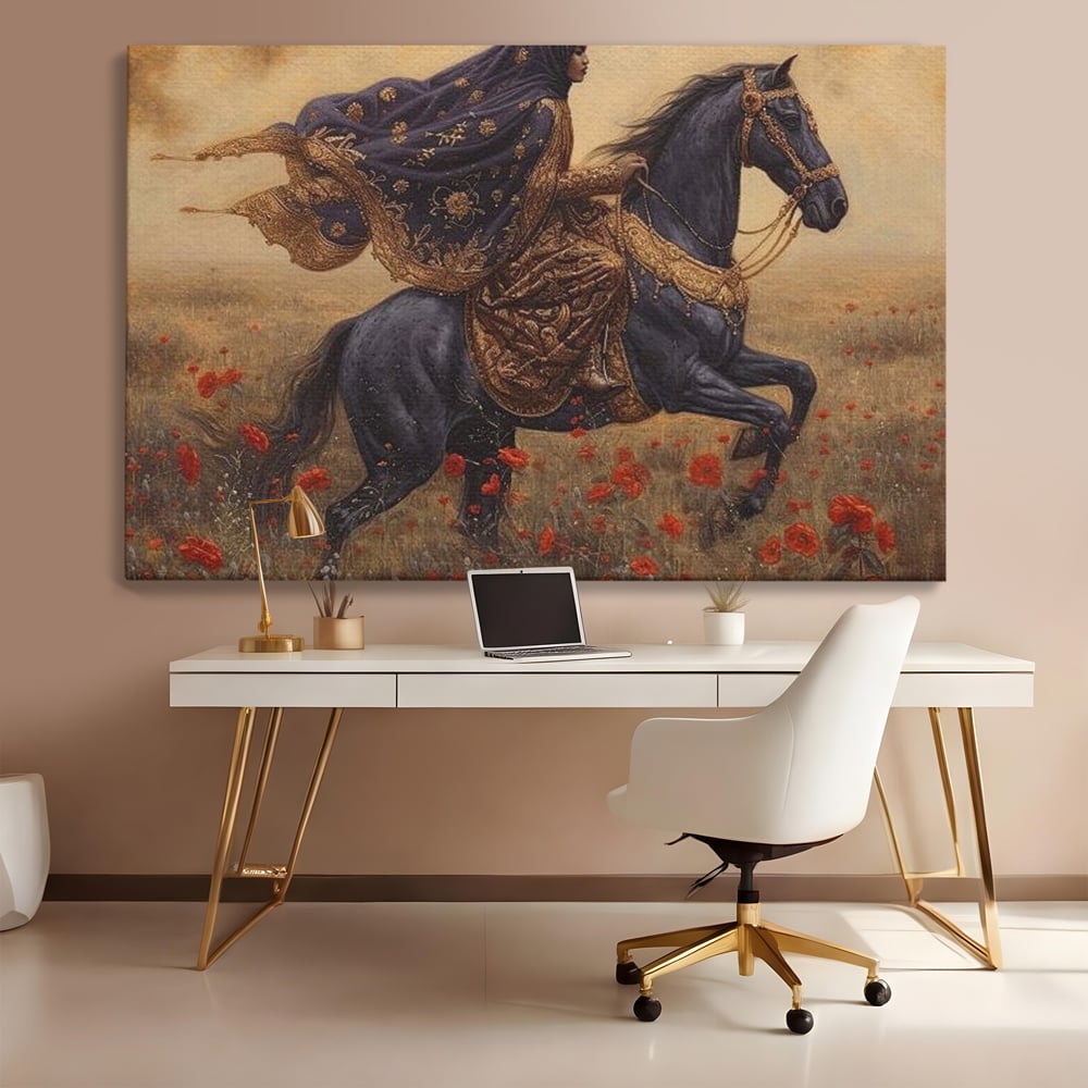 Leinwand Wandkunst Canvas Premium, LuxCanva® G1095, Galopp durch den Maci, Episch, Freiheit, Armasar, Maci, Orientalisch, Prinzessin, Reisen, Wind, Wohnen, Schlafzimmer
