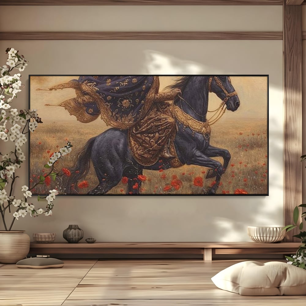 Leinwand Wandkunst Canvas Premium, LuxCanva® G1095, Galopp durch den Maci, Episch, Freiheit, Armasar, Maci, Orientalisch, Prinzessin, Reisen, Wind, Wohnen, Schlafzimmer