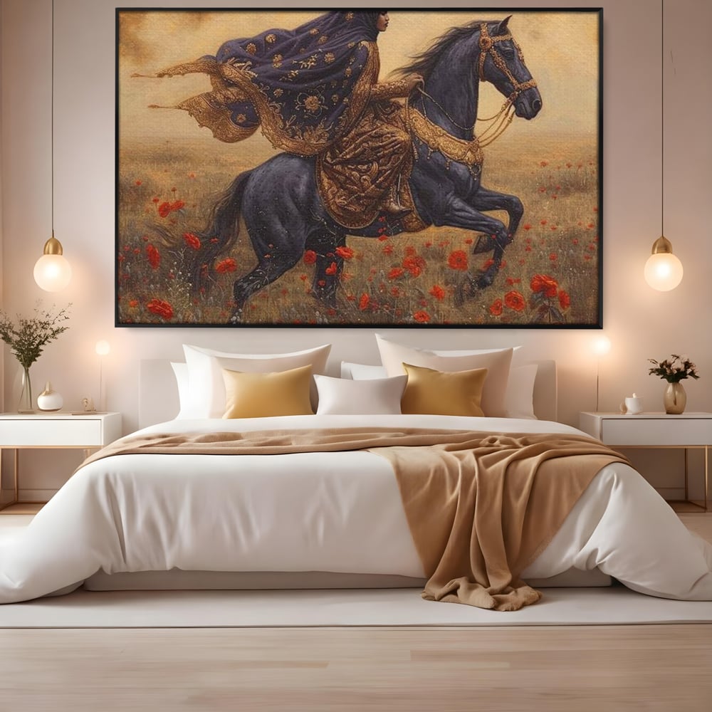 Leinwand Wandkunst Canvas Premium, LuxCanva® G1095, Galopp durch den Maci, Episch, Freiheit, Armasar, Maci, Orientalisch, Prinzessin, Reisen, Wind, Wohnen, Schlafzimmer