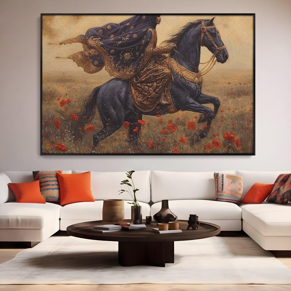 Leinwand Wandkunst Canvas Premium, LuxCanva® G1095, Galopp durch den Maci, Episch, Freiheit, Armasar, Maci, Orientalisch, Prinzessin, Reisen, Wind, Wohnen, Schlafzimmer