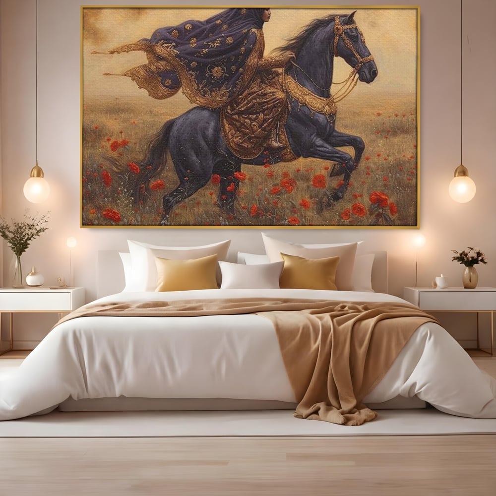 Leinwand Wandkunst Canvas Premium, LuxCanva® G1095, Galopp durch den Maci, Episch, Freiheit, Armasar, Maci, Orientalisch, Prinzessin, Reisen, Wind, Wohnen, Schlafzimmer
