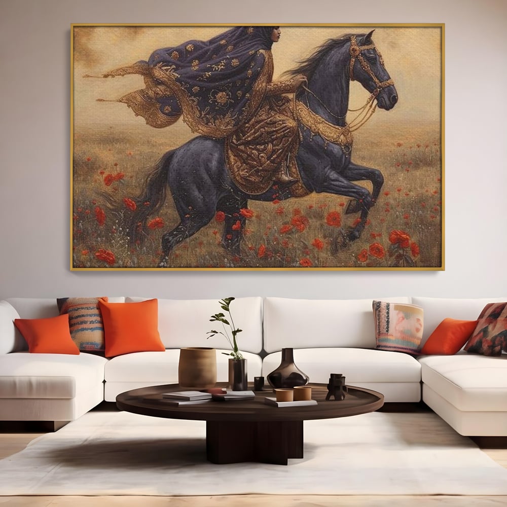 Leinwand Wandkunst Canvas Premium, LuxCanva® G1095, Galopp durch den Maci, Episch, Freiheit, Armasar, Maci, Orientalisch, Prinzessin, Reisen, Wind, Wohnen, Schlafzimmer
