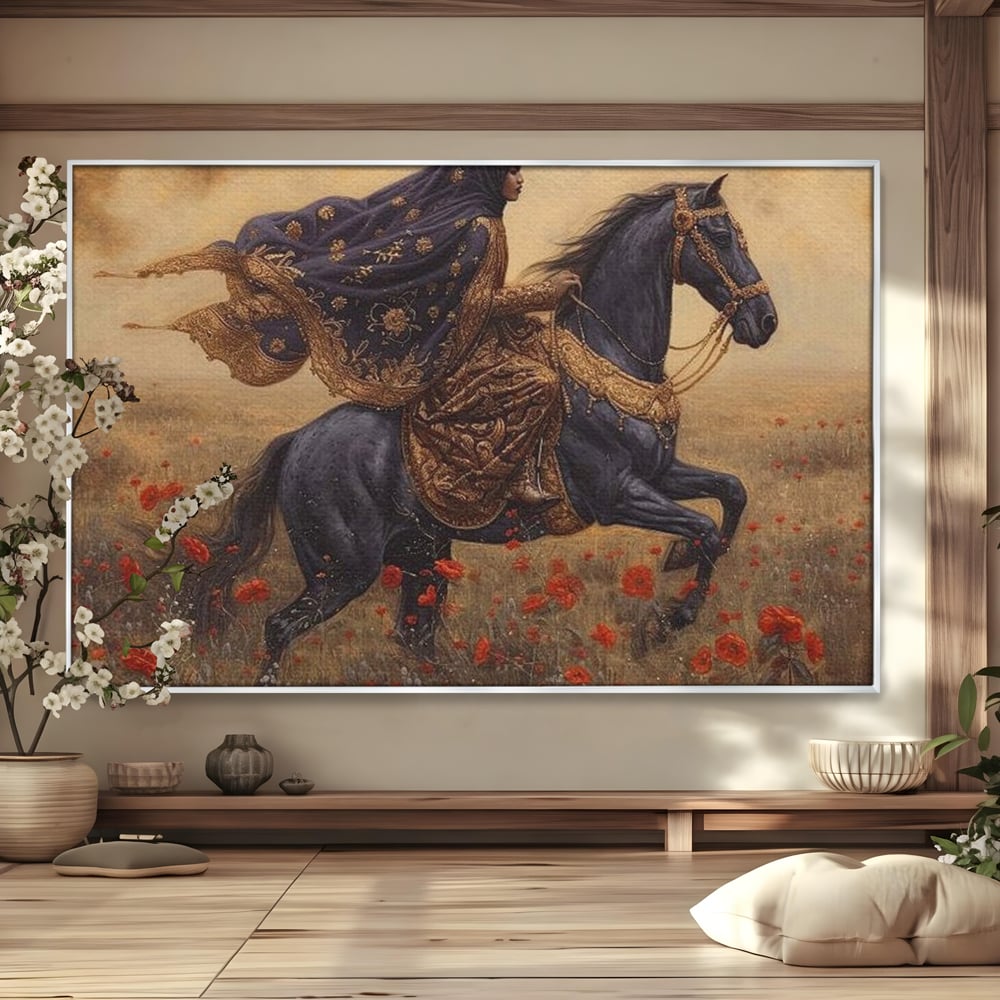 Leinwand Wandkunst Canvas Premium, LuxCanva® G1095, Galopp durch den Maci, Episch, Freiheit, Armasar, Maci, Orientalisch, Prinzessin, Reisen, Wind, Wohnen, Schlafzimmer