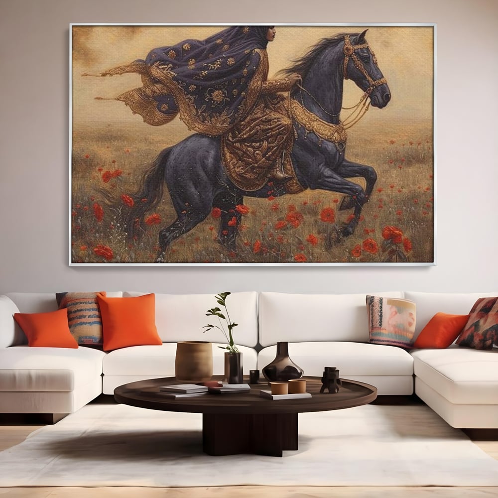 Leinwand Wandkunst Canvas Premium, LuxCanva® G1095, Galopp durch den Maci, Episch, Freiheit, Armasar, Maci, Orientalisch, Prinzessin, Reisen, Wind, Wohnen, Schlafzimmer