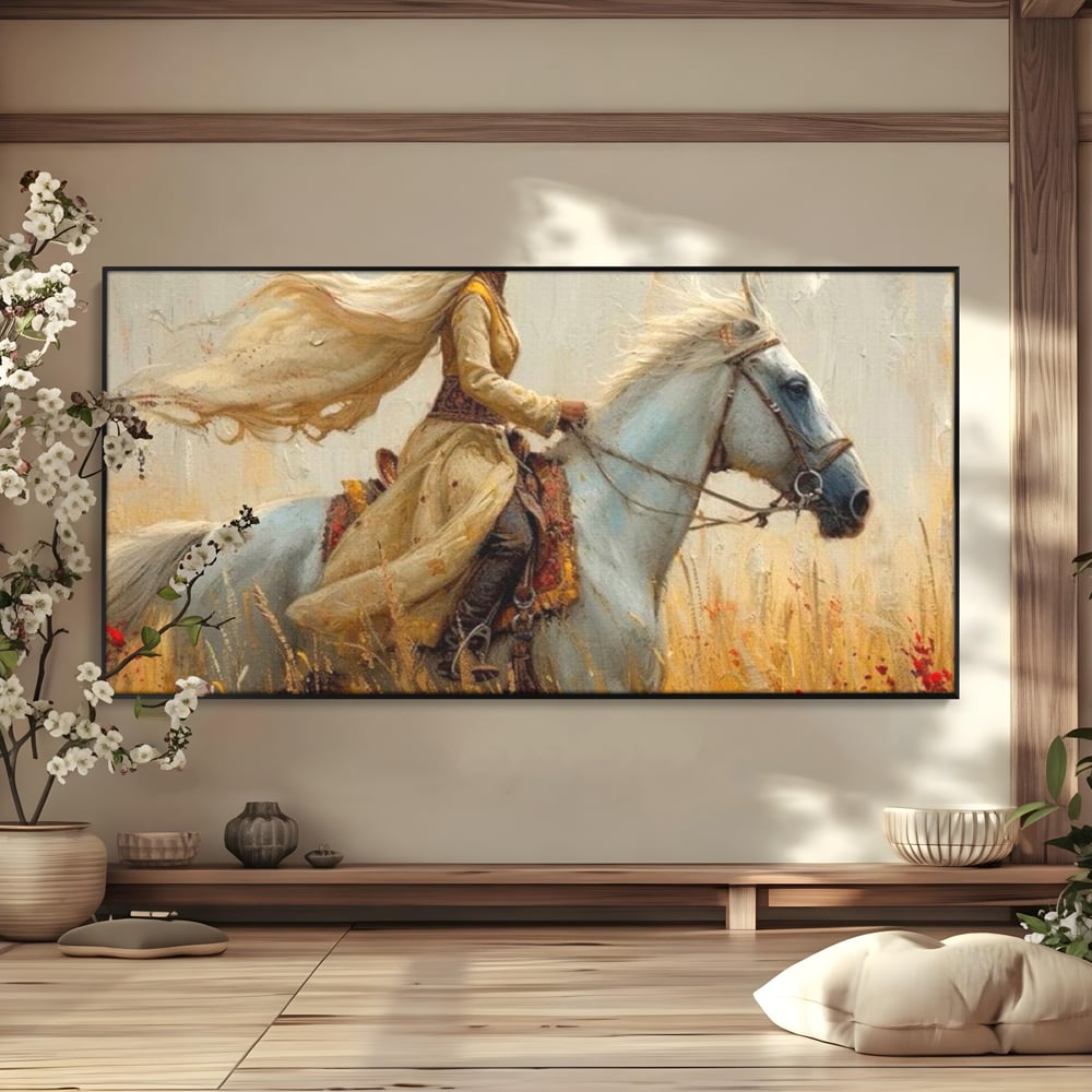 Tablou Canvas Premium, LuxCanva® G1096, Spirit Calator, Lumina, Cal, Galop, Grane, Pustie, Camp, Aur, Spirit, Oriental, Evadare, Living, Dormitor