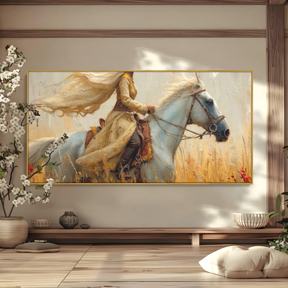 Tablou Canvas Premium, LuxCanva® G1096, Spirit Calator, Lumina, Cal, Galop, Grane, Pustie, Camp, Aur, Spirit, Oriental, Evadare, Living, Dormitor