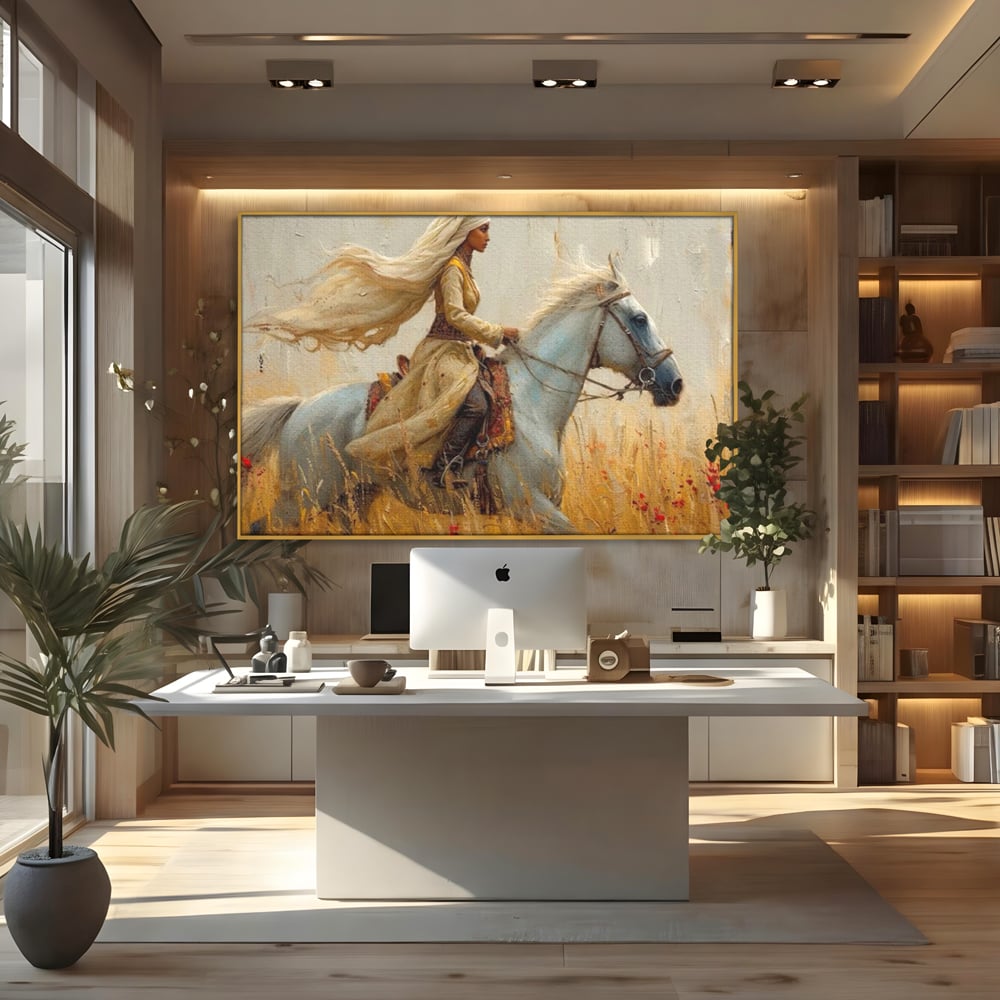 Tablou Canvas Premium, LuxCanva® G1096, Spirit Calator, Lumina, Cal, Galop, Grane, Pustie, Camp, Aur, Spirit, Oriental, Evadare, Living, Dormitor