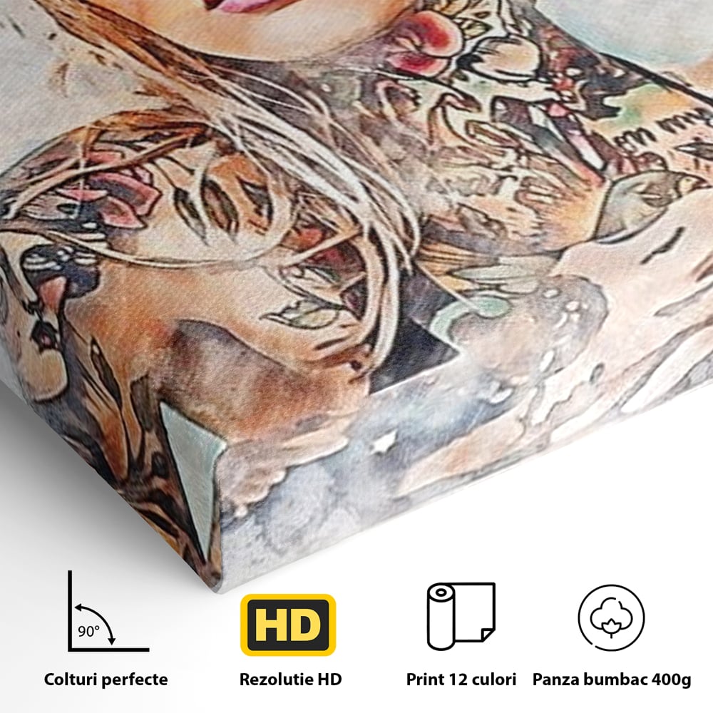 Tablou Canvas Premium, LuxCanva® G1097, Femeia cu Tatuaj, Pictura, Arta, Piele, Rebela, Cerneala, Artist, Interzis, Tatuator, Living, Dormitor