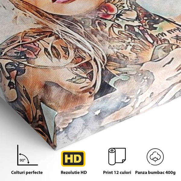 Tablou Canvas Premium, LuxCanva® G1097, Femeia cu Tatuaj, Pictura, Arta, Piele, Rebela, Cerneala, Artist, Interzis, Tatuator, Living, Dormitor