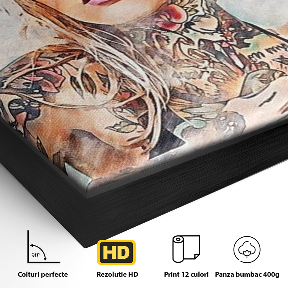 Tablou Canvas Premium, LuxCanva® G1097, Femeia cu Tatuaj, Pictura, Arta, Piele, Rebela, Cerneala, Artist, Interzis, Tatuator, Living, Dormitor