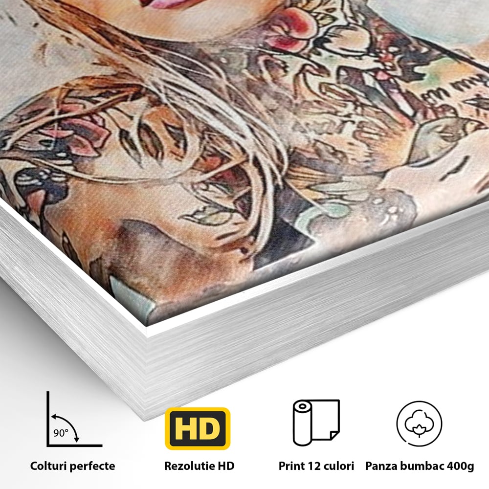 Tablou Canvas Premium, LuxCanva® G1097, Femeia cu Tatuaj, Pictura, Arta, Piele, Rebela, Cerneala, Artist, Interzis, Tatuator, Living, Dormitor
