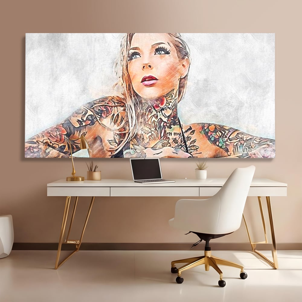 Tablou Canvas Premium, LuxCanva® G1097, Femeia cu Tatuaj, Pictura, Arta, Piele, Rebela, Cerneala, Artist, Interzis, Tatuator, Living, Dormitor
