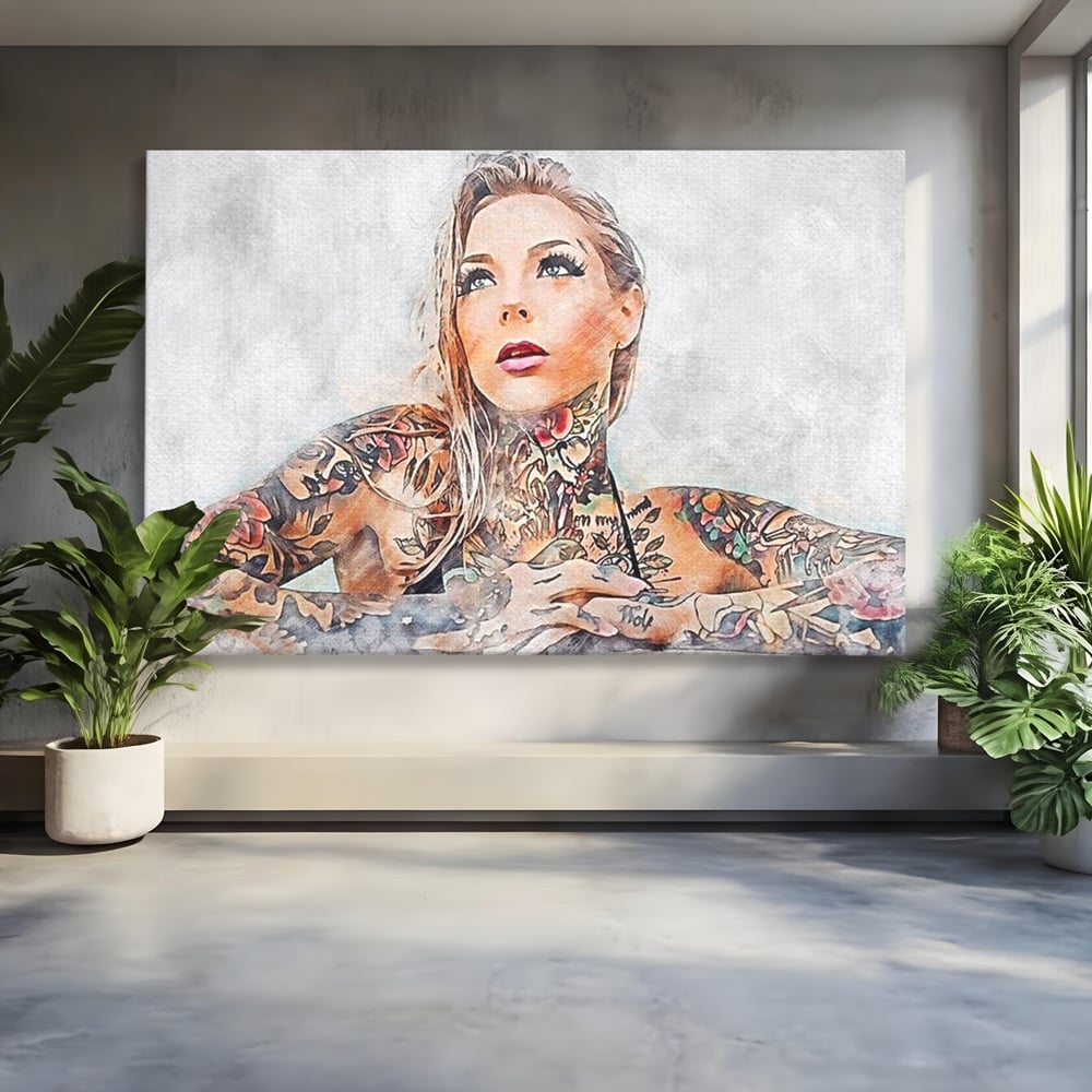 Tablou Canvas Premium, LuxCanva® G1097, Femeia cu Tatuaj, Pictura, Arta, Piele, Rebela, Cerneala, Artist, Interzis, Tatuator, Living, Dormitor