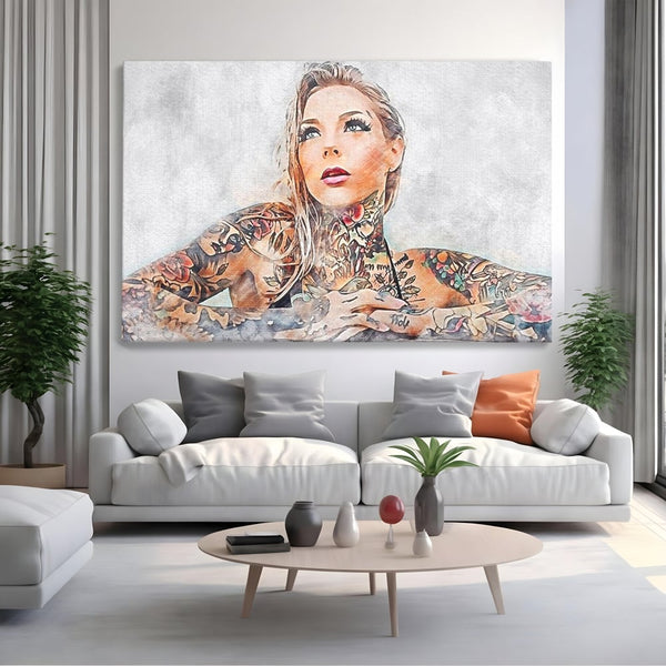 Tablou Canvas Premium, LuxCanva® G1097, Femeia cu Tatuaj, Pictura, Arta, Piele, Rebela, Cerneala, Artist, Interzis, Tatuator, Living, Dormitor