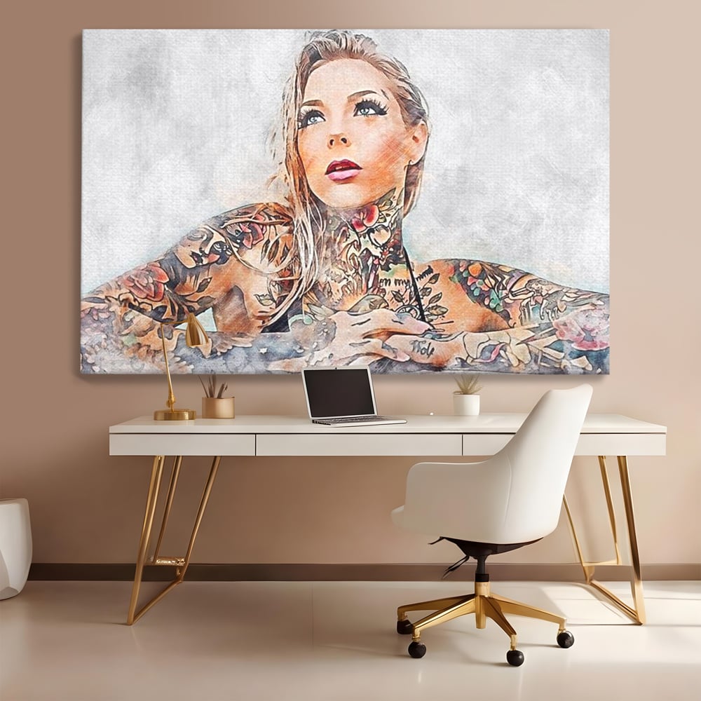 Tablou Canvas Premium, LuxCanva® G1097, Femeia cu Tatuaj, Pictura, Arta, Piele, Rebela, Cerneala, Artist, Interzis, Tatuator, Living, Dormitor