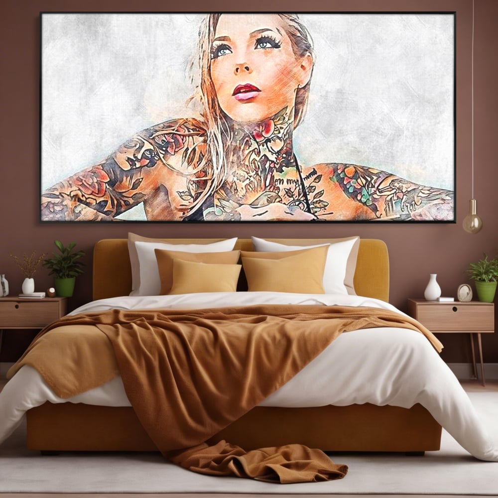 Tablou Canvas Premium, LuxCanva® G1097, Femeia cu Tatuaj, Pictura, Arta, Piele, Rebela, Cerneala, Artist, Interzis, Tatuator, Living, Dormitor