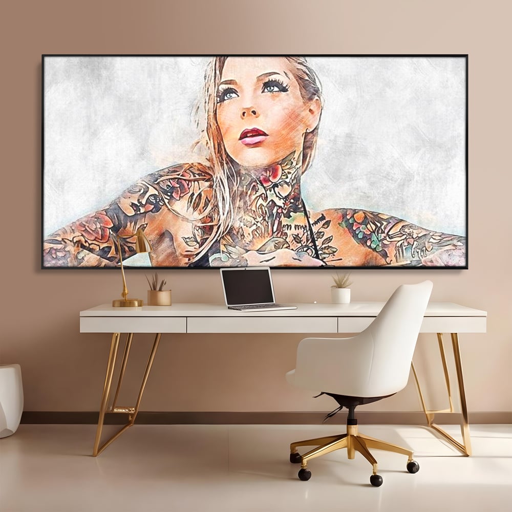 Tablou Canvas Premium, LuxCanva® G1097, Femeia cu Tatuaj, Pictura, Arta, Piele, Rebela, Cerneala, Artist, Interzis, Tatuator, Living, Dormitor