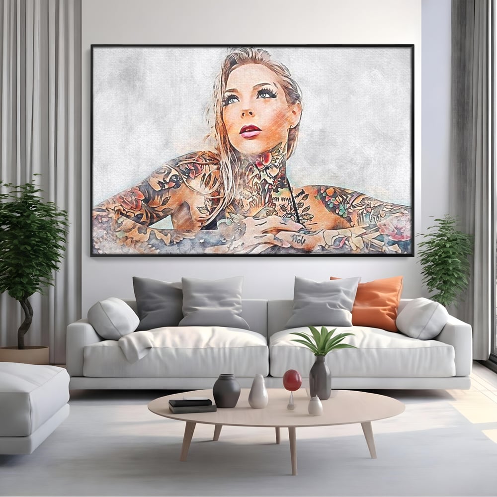 Tablou Canvas Premium, LuxCanva® G1097, Femeia cu Tatuaj, Pictura, Arta, Piele, Rebela, Cerneala, Artist, Interzis, Tatuator, Living, Dormitor