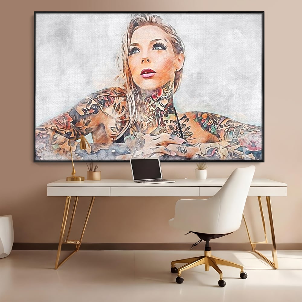 Tablou Canvas Premium, LuxCanva® G1097, Femeia cu Tatuaj, Pictura, Arta, Piele, Rebela, Cerneala, Artist, Interzis, Tatuator, Living, Dormitor
