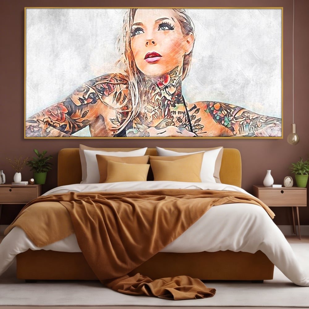 Tablou Canvas Premium, LuxCanva® G1097, Femeia cu Tatuaj, Pictura, Arta, Piele, Rebela, Cerneala, Artist, Interzis, Tatuator, Living, Dormitor
