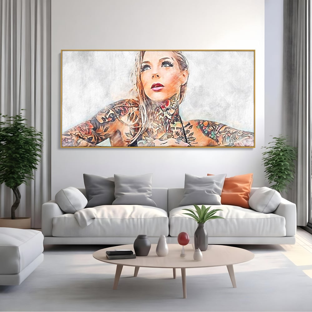 Tablou Canvas Premium, LuxCanva® G1097, Femeia cu Tatuaj, Pictura, Arta, Piele, Rebela, Cerneala, Artist, Interzis, Tatuator, Living, Dormitor