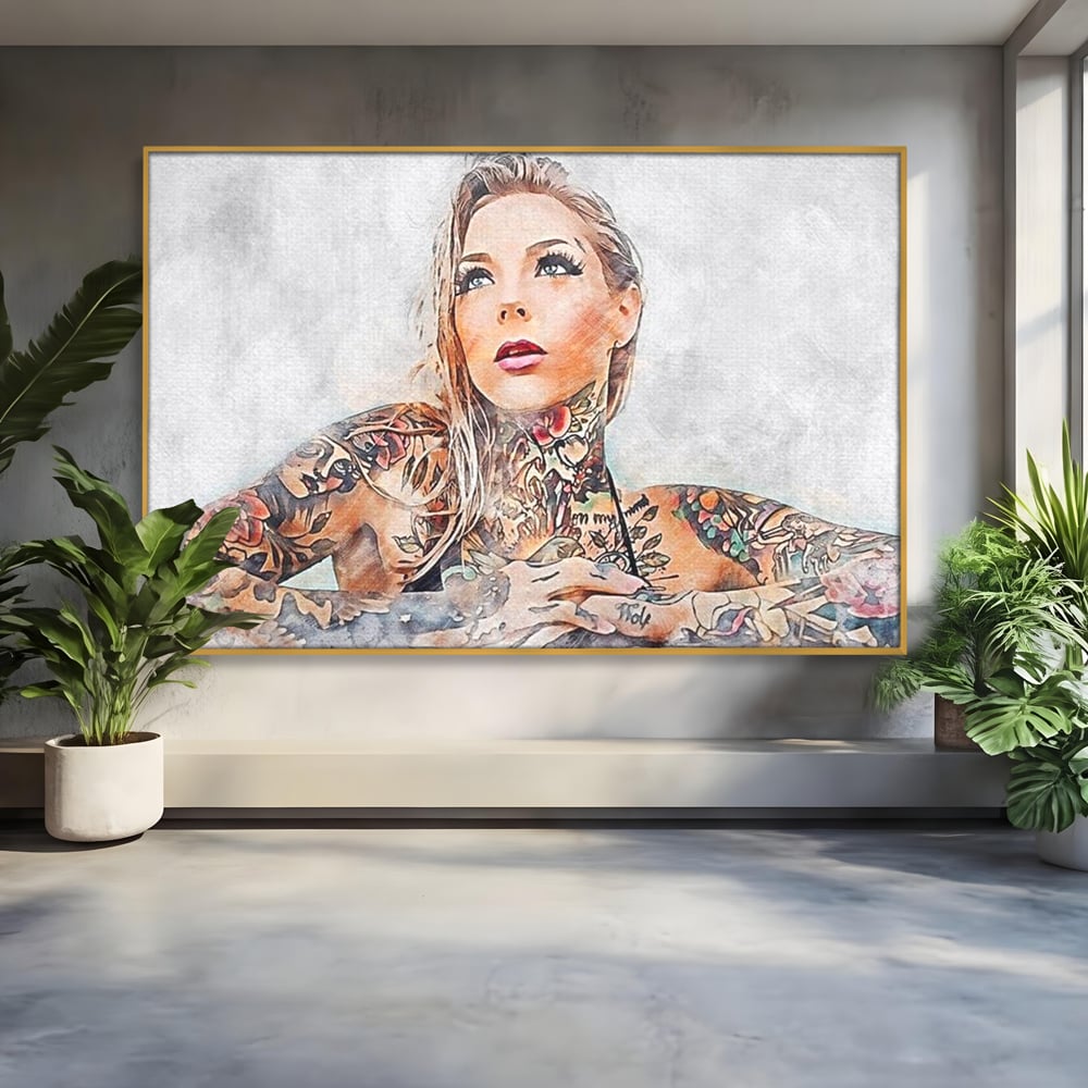 Tablou Canvas Premium, LuxCanva® G1097, Femeia cu Tatuaj, Pictura, Arta, Piele, Rebela, Cerneala, Artist, Interzis, Tatuator, Living, Dormitor