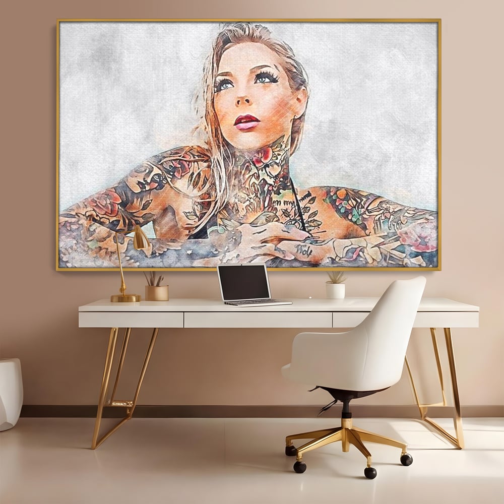 Tablou Canvas Premium, LuxCanva® G1097, Femeia cu Tatuaj, Pictura, Arta, Piele, Rebela, Cerneala, Artist, Interzis, Tatuator, Living, Dormitor