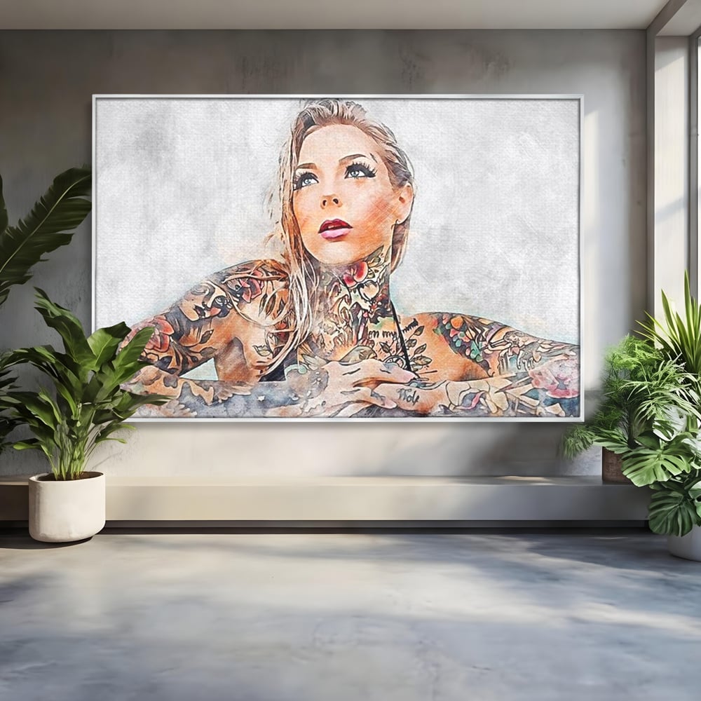 Tablou Canvas Premium, LuxCanva® G1097, Femeia cu Tatuaj, Pictura, Arta, Piele, Rebela, Cerneala, Artist, Interzis, Tatuator, Living, Dormitor