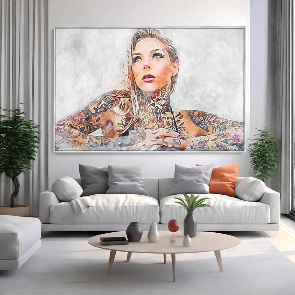 Tablou Canvas Premium, LuxCanva® G1097, Femeia cu Tatuaj, Pictura, Arta, Piele, Rebela, Cerneala, Artist, Interzis, Tatuator, Living, Dormitor