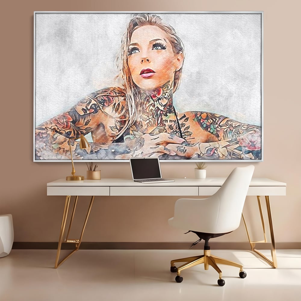 Tablou Canvas Premium, LuxCanva® G1097, Femeia cu Tatuaj, Pictura, Arta, Piele, Rebela, Cerneala, Artist, Interzis, Tatuator, Living, Dormitor