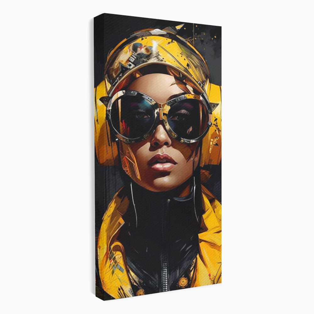 Tablou Canvas Premium, LuxCanva® G1098, Fata Viitorului, Privire, Cyber, Galben, Ochelari, Casti, Urban, Galactic, Avangardist, Living, Dormitor