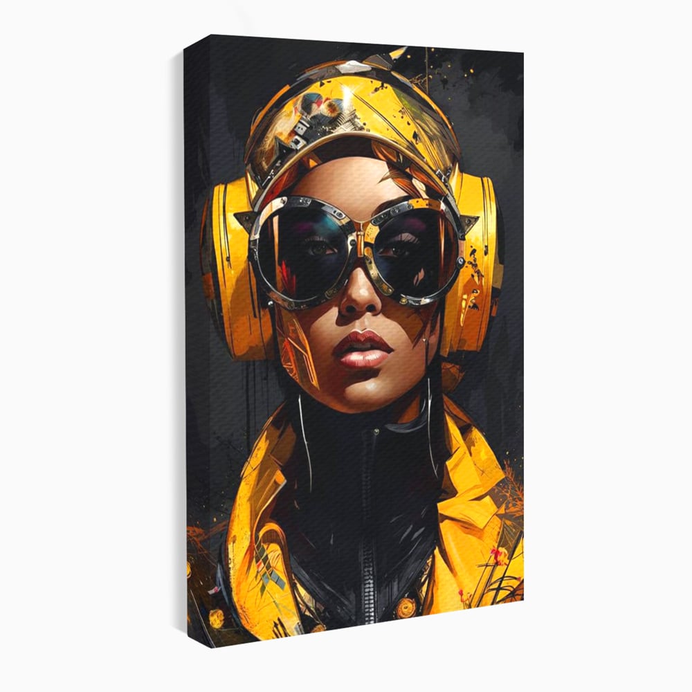 Tablou Canvas Premium, LuxCanva® G1098, Fata Viitorului, Privire, Cyber, Galben, Ochelari, Casti, Urban, Galactic, Avangardist, Living, Dormitor