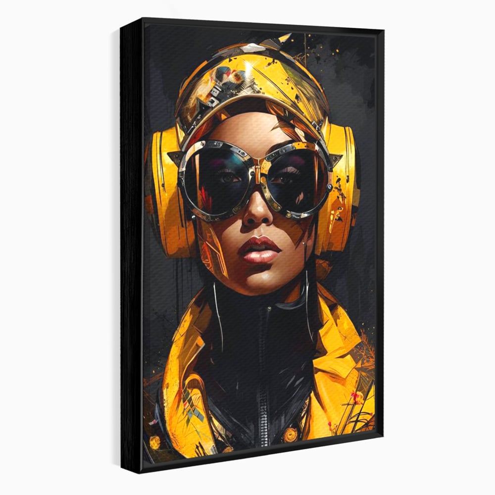 Tablou Canvas Premium, LuxCanva® G1098, Fata Viitorului, Privire, Cyber, Galben, Ochelari, Casti, Urban, Galactic, Avangardist, Living, Dormitor