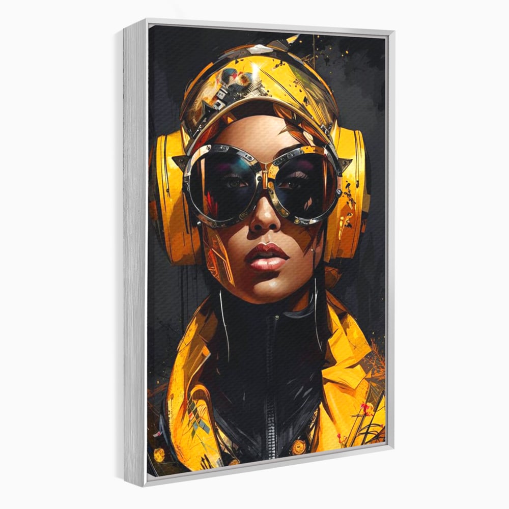 Tablou Canvas Premium, LuxCanva® G1098, Fata Viitorului, Privire, Cyber, Galben, Ochelari, Casti, Urban, Galactic, Avangardist, Living, Dormitor